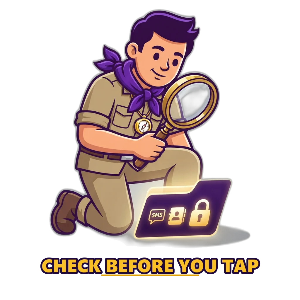 Explorer studying a suspicious app file through a magnifier, checking its permissions before install