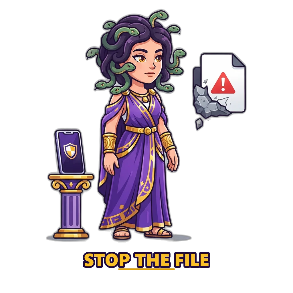 Snake-haired gorgon turning a fake APK file to stone before it reaches a phone