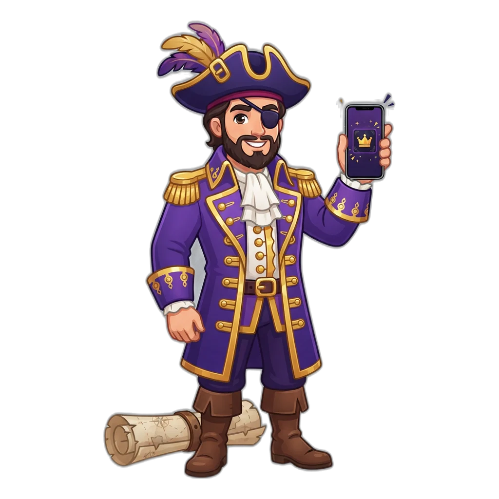 Pirate captain showing a phone home screen with a game shortcut instead of a 6E Club APK