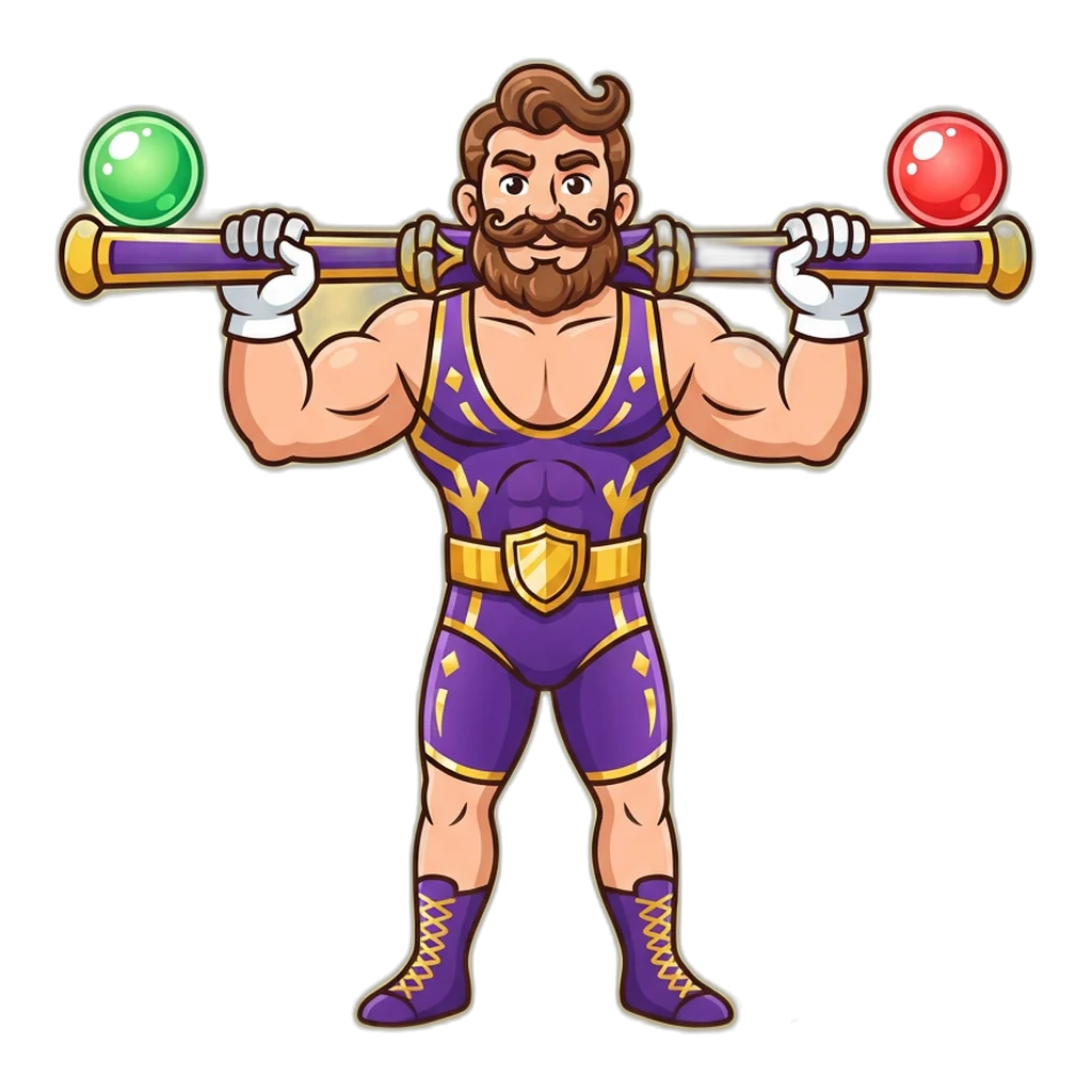 Strongman holding a level balance beam with a green orb and a red orb