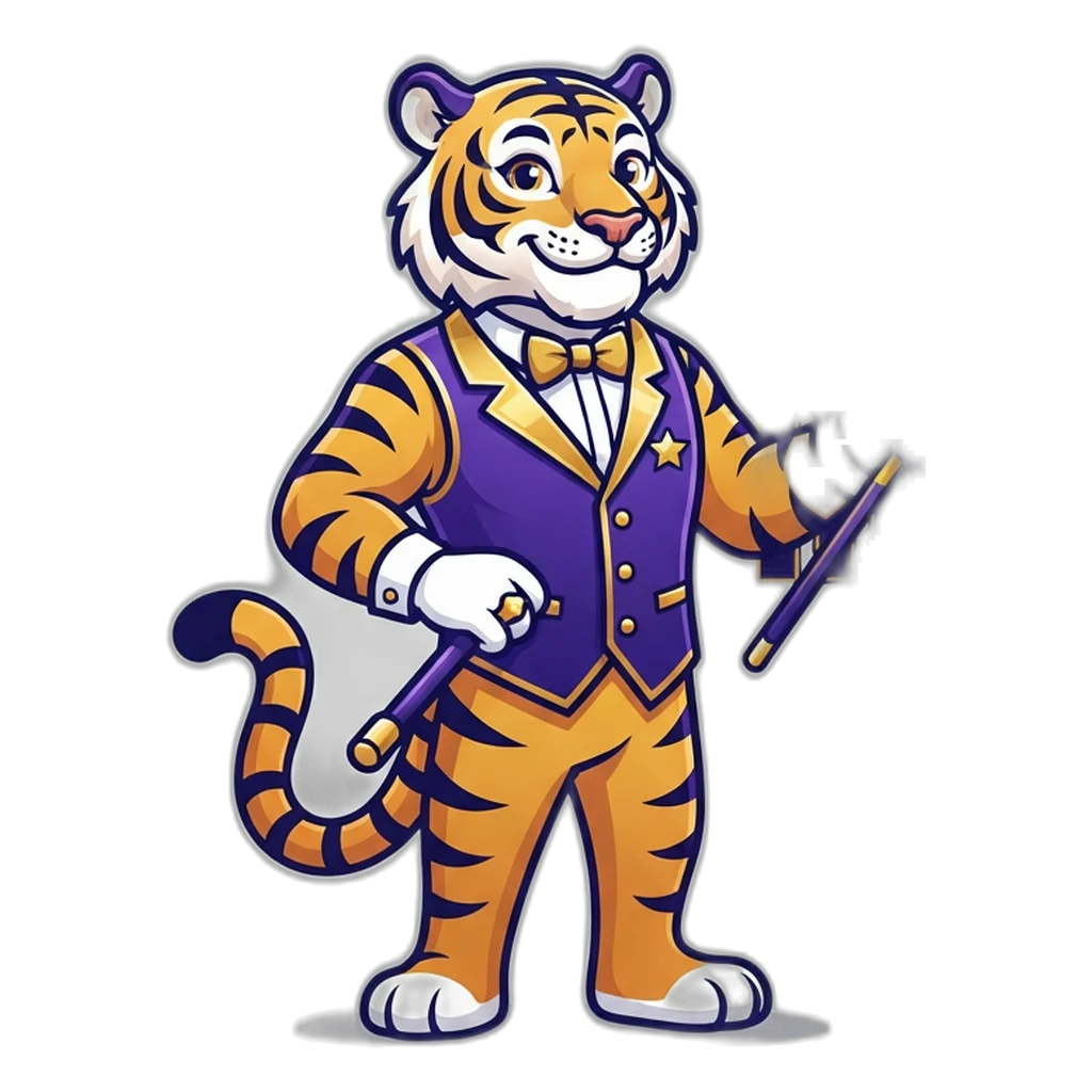 Tiger in a gold vest pointing at a simple chart of past colour results