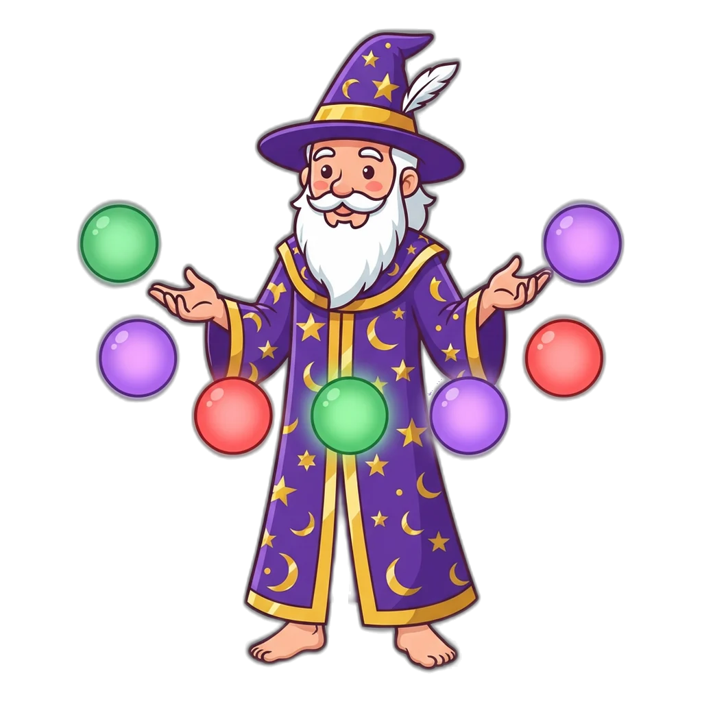 Wizard explaining ten equal glowing orbs in a colour prediction game online