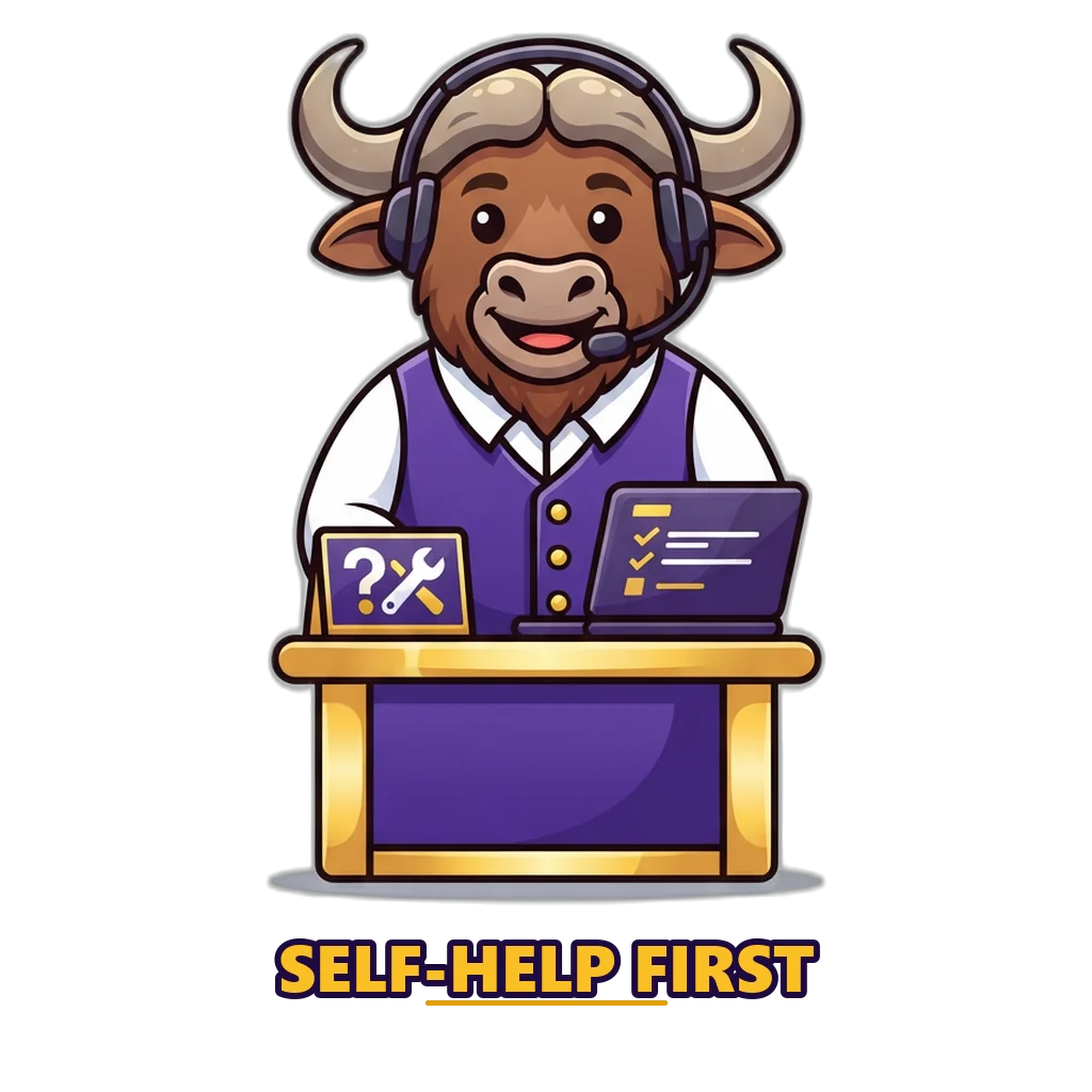 Buffalo help-desk clerk with a headset showing a checklist of 6E Club customer care fixes