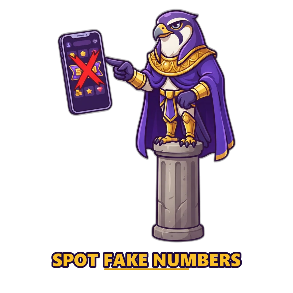 Falcon-headed watcher spotting a fake helpline number on a phone screen