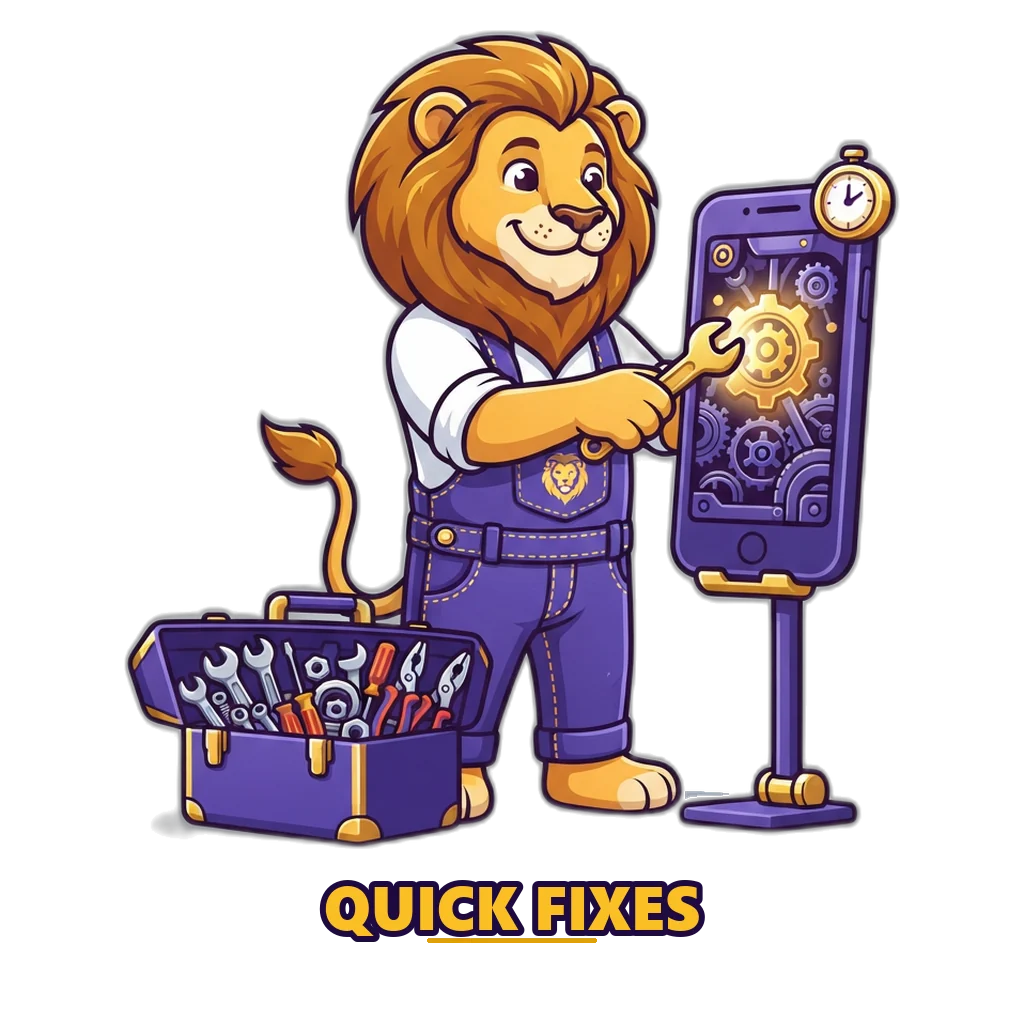 Lion mechanic opening a toolbox beside a phone, ready to fix common game problems