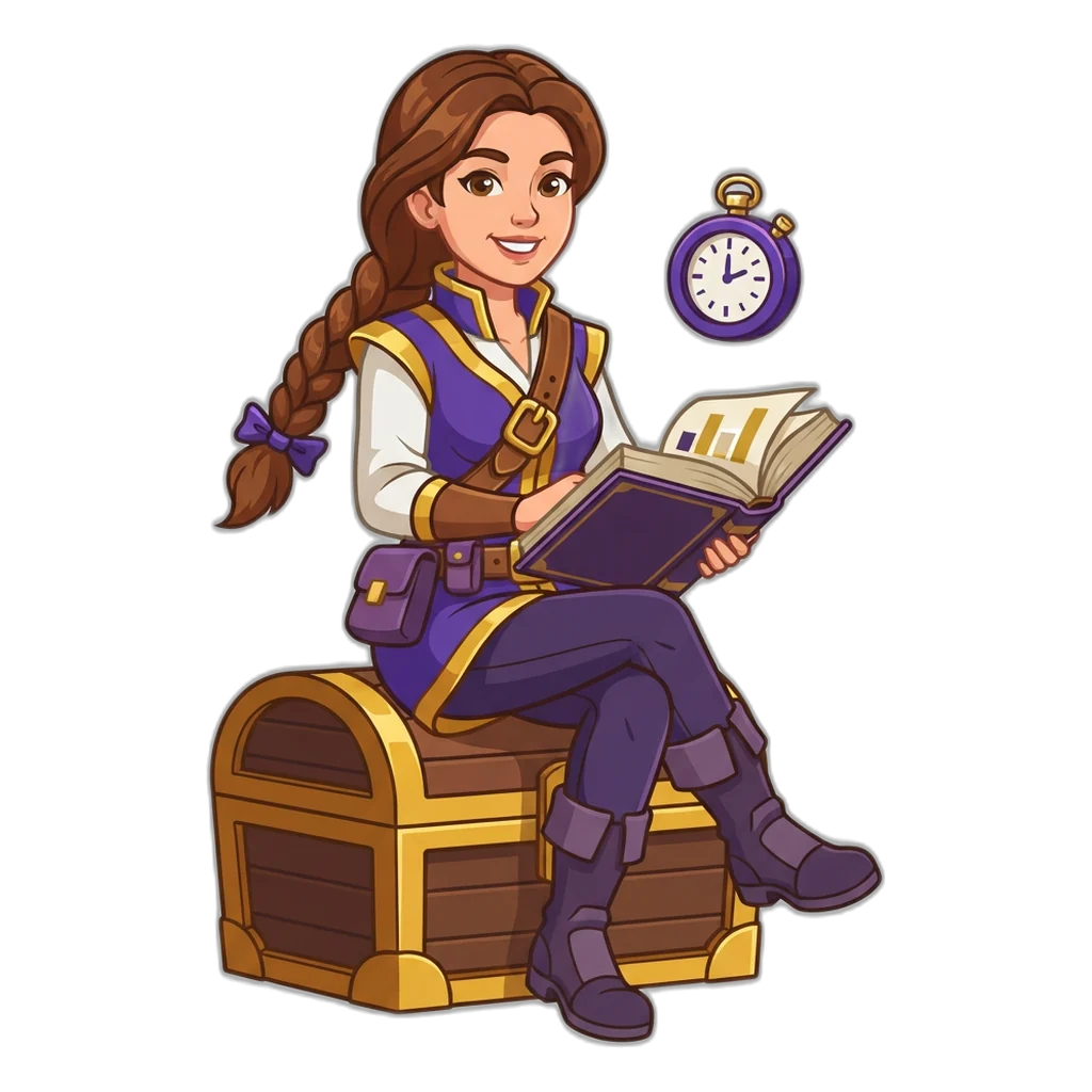Adventurer reading a book with a digit chart beside a small round timer