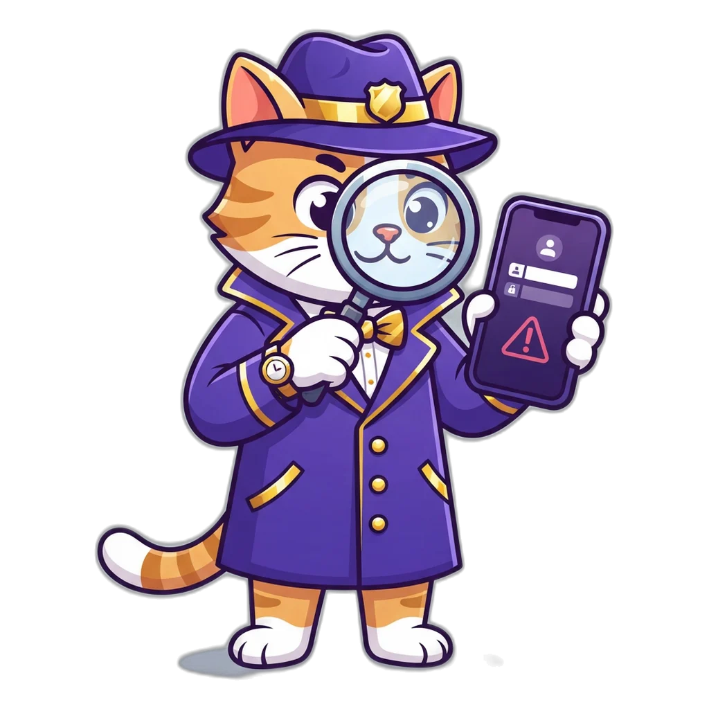 Cat detective with a magnifier inspecting a fake sign-in page on a phone