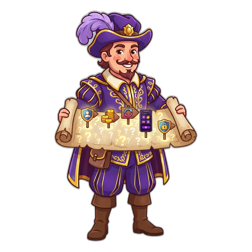 Explorer in a purple coat studying a map of question marks, a guide to the 6E Club FAQ