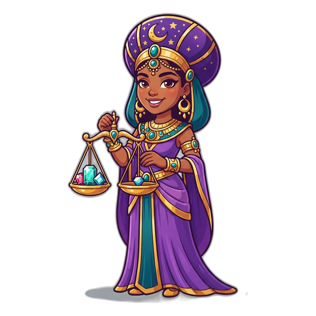 Desert queen holding level golden scales marked Big and Small