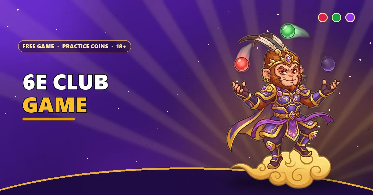 Monkey king on a golden cloud juggling red, green and violet orbs for the 6E Club game guide