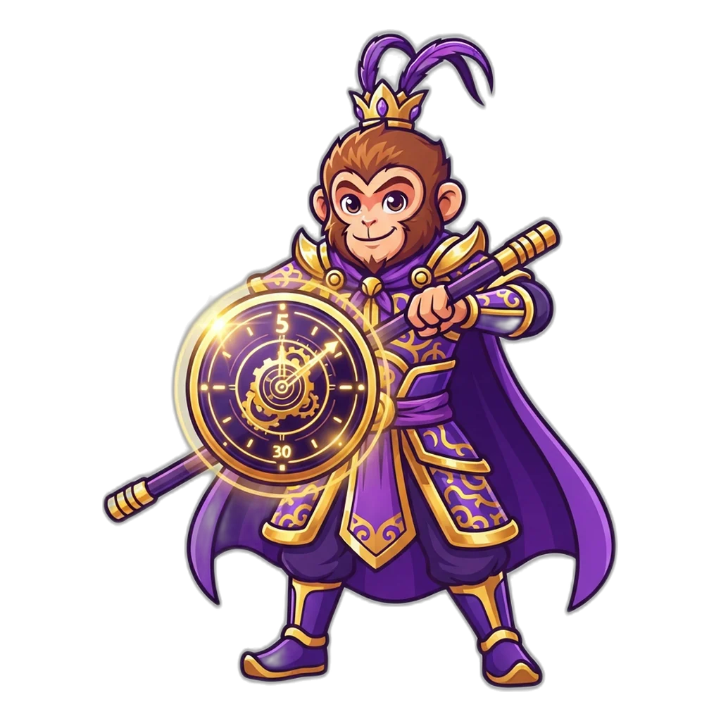 Monkey king spinning a timer staff that shows the four round lengths