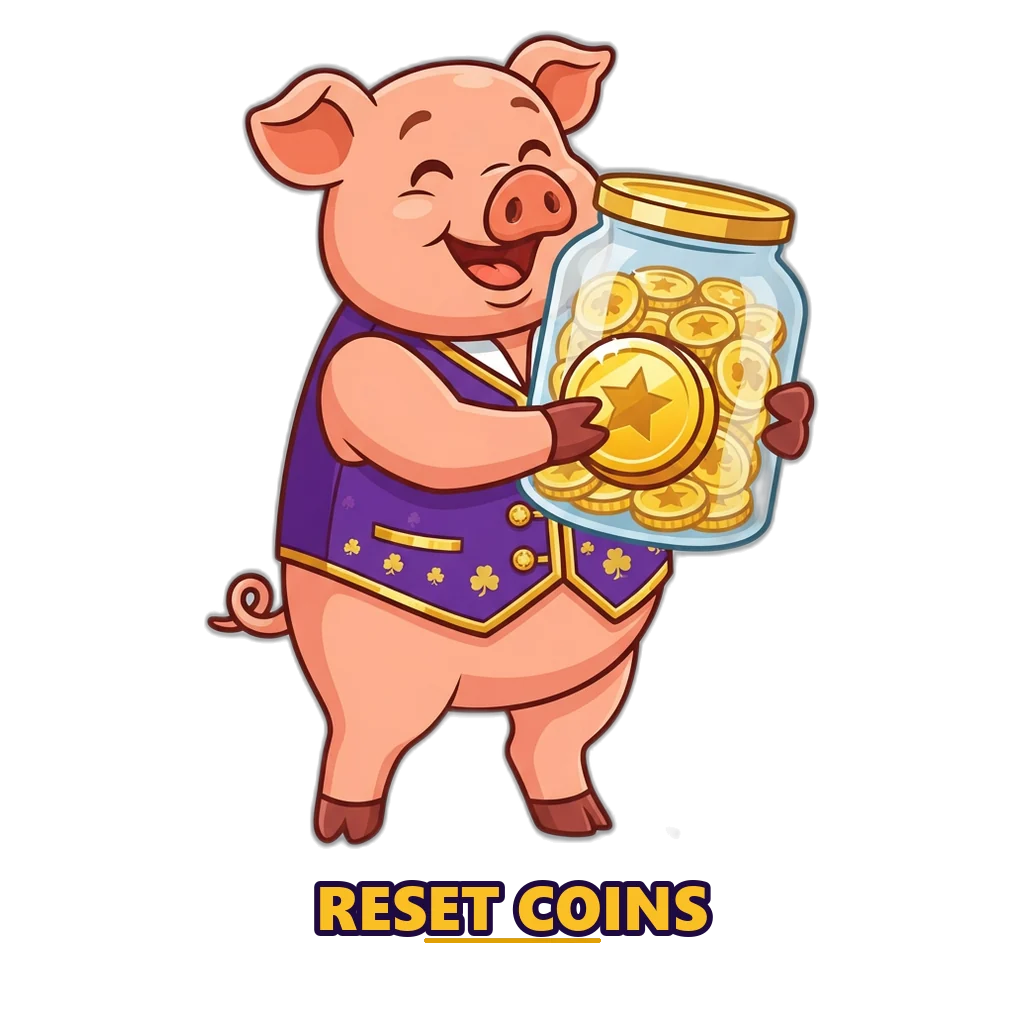 Lucky pig with a full coin jar pressing a reset button to refill practice coins