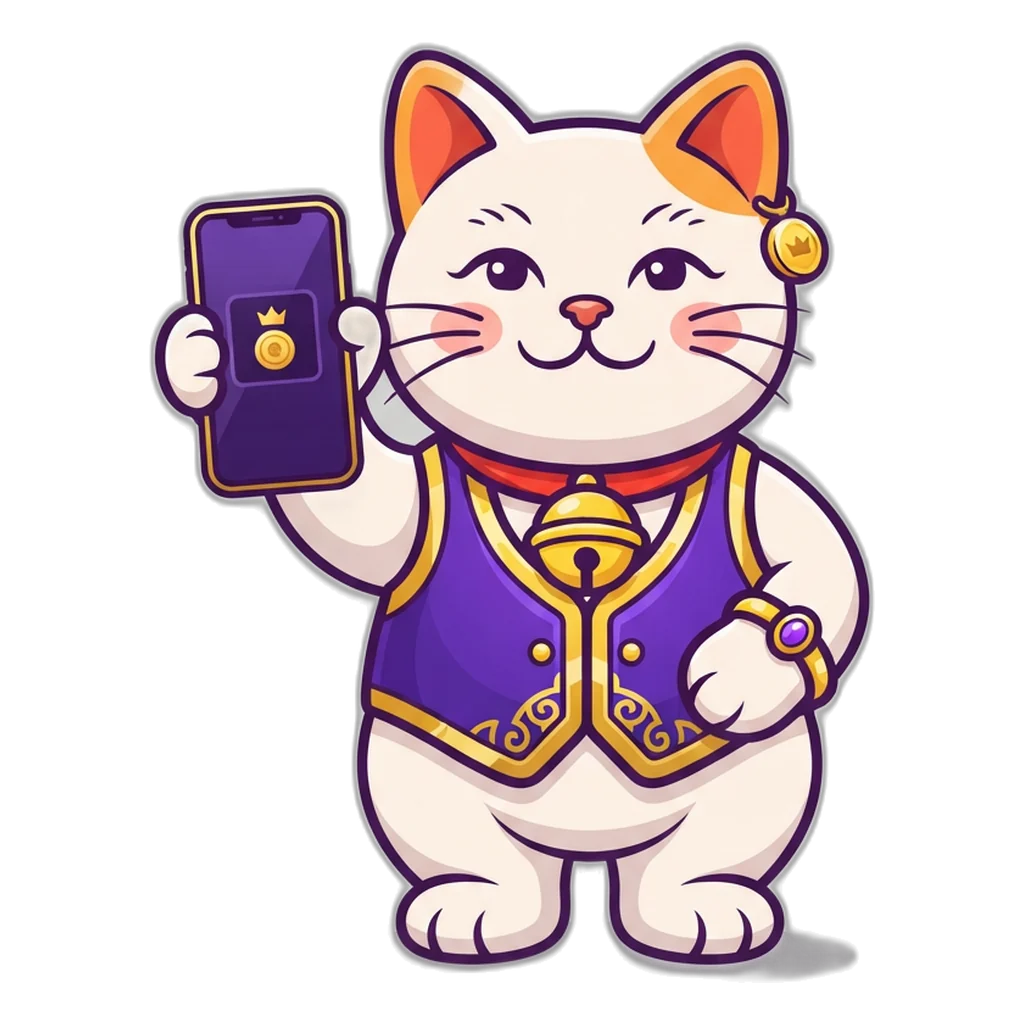 Beckoning lucky cat holding a phone with a home-screen shortcut to the browser game