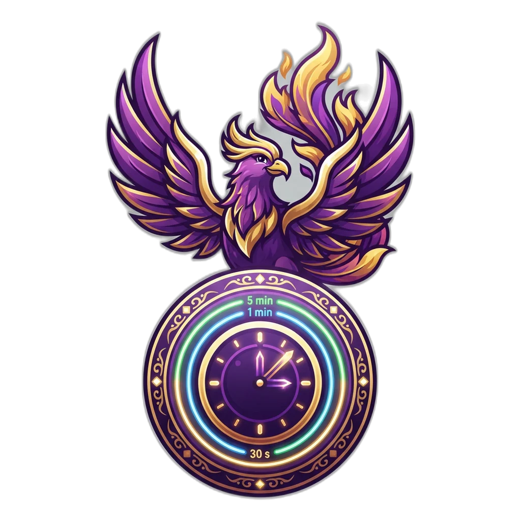 Phoenix rising from a round countdown timer with four rings for each round length