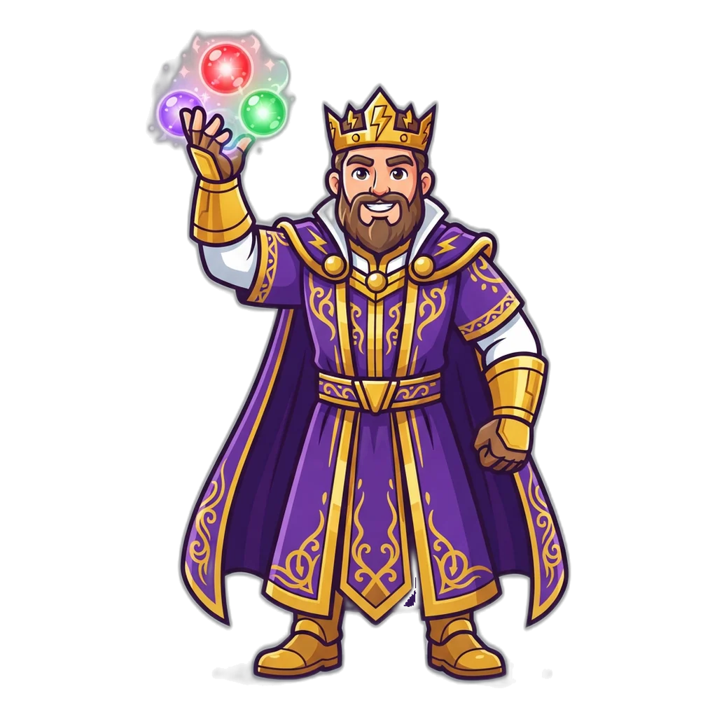6E Club thunder king mascot holding glowing red, green and violet orbs