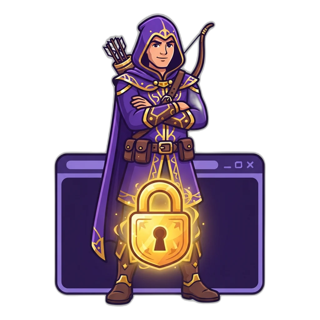 Hooded archer guarding a glowing padlock for a 6E Club login kept in one browser