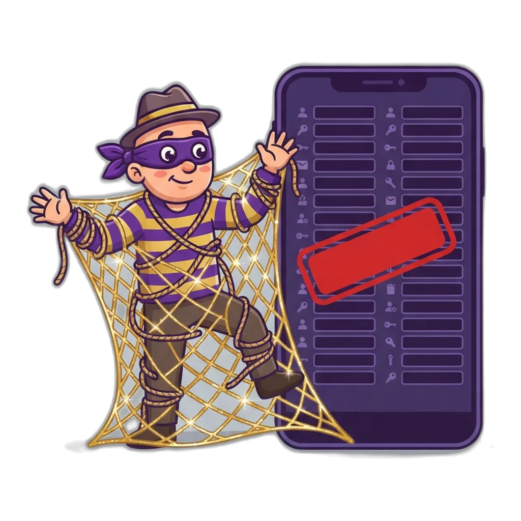 Masked bandit caught in a gold net next to a fake sign-in screen on a phone