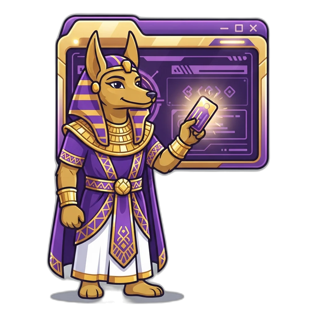 Jackal-headed gatekeeper in purple and gold checking a pass card at a browser gate