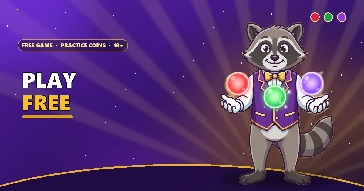 Raccoon game host presenting red, green and violet orbs for the free 6E Club game