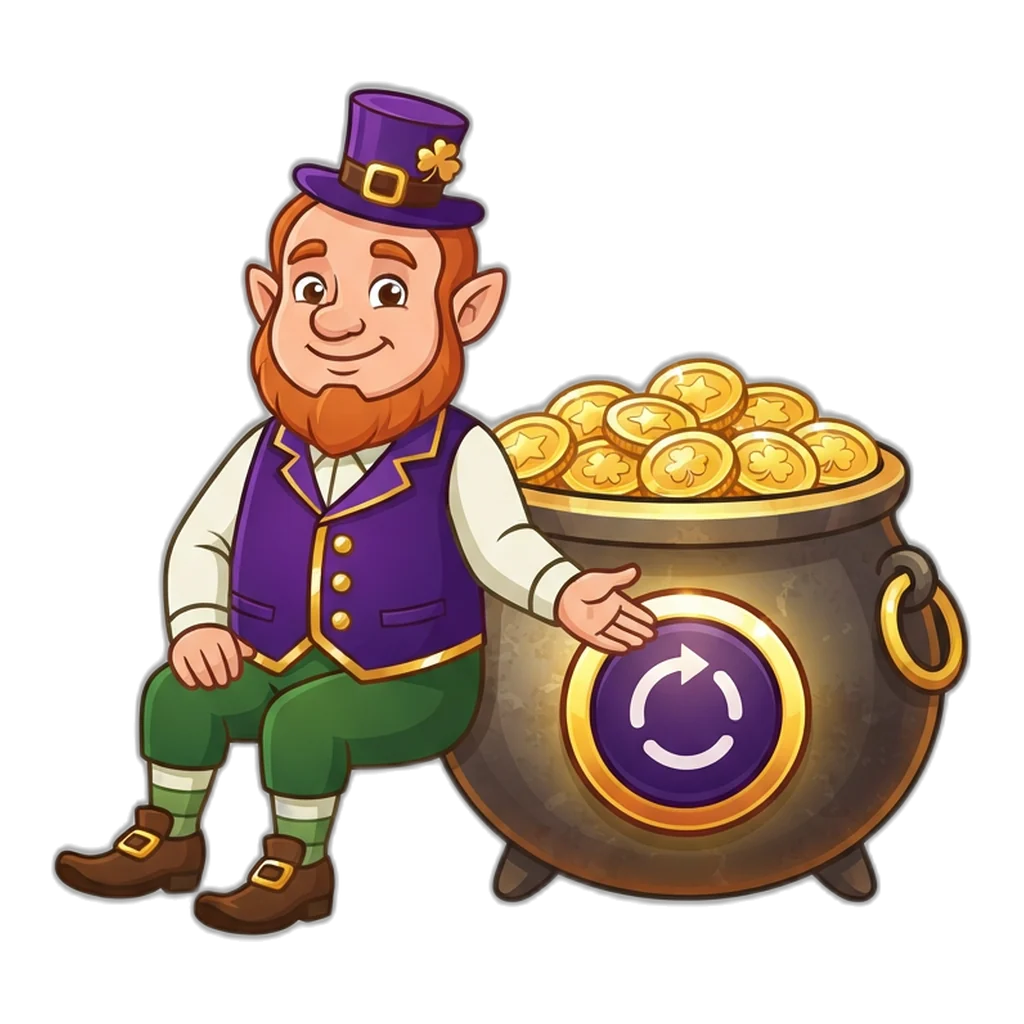 Smiling leprechaun beside a pot of practice coins with a big reset button