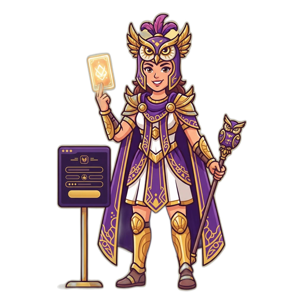 Owl-helmet warrior goddess holding an 18+ card next to a short sign-up form