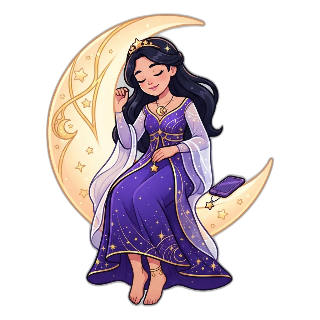 Night-sky princess resting on a crescent moon with her phone set aside for a break