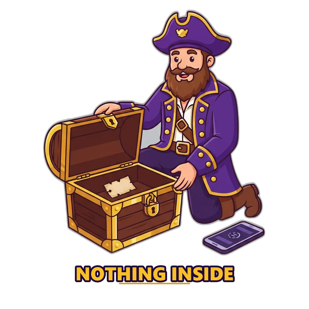 Bearded pirate opening an empty treasure chest after paying for a VIP signals group