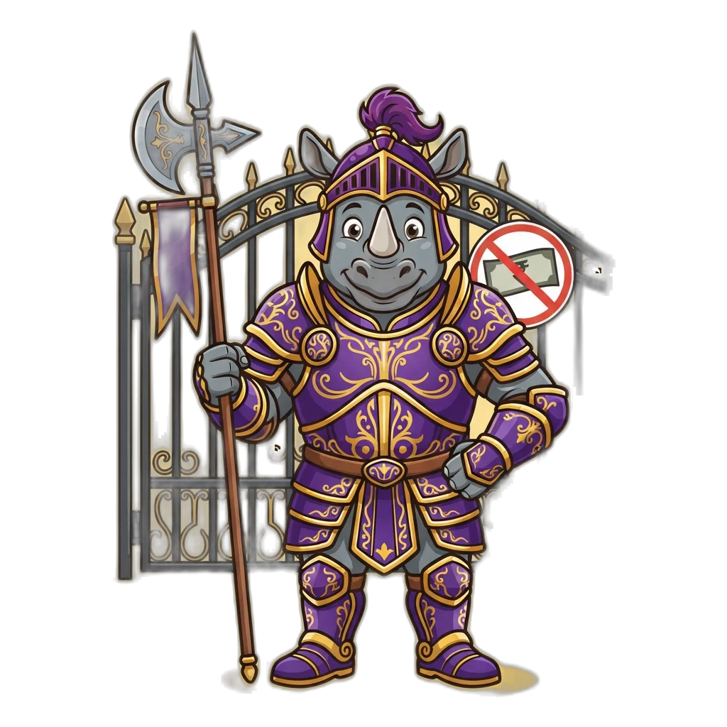Rhino guard in purple and gold standing at a closed gate with no payments sign